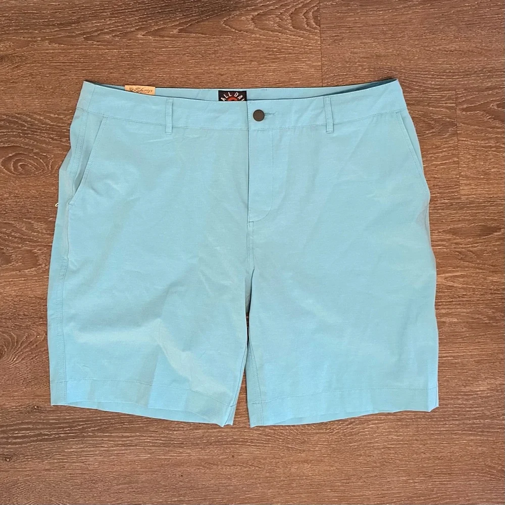 Men’s FAHERTY All Day Shorts turquoise sky blue 9 inch inseam size 38